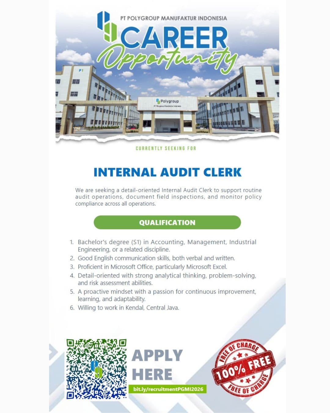 Flyer INTERNAL AUDIT CLERK di PT. Polygroup Manufaktur Indonesia